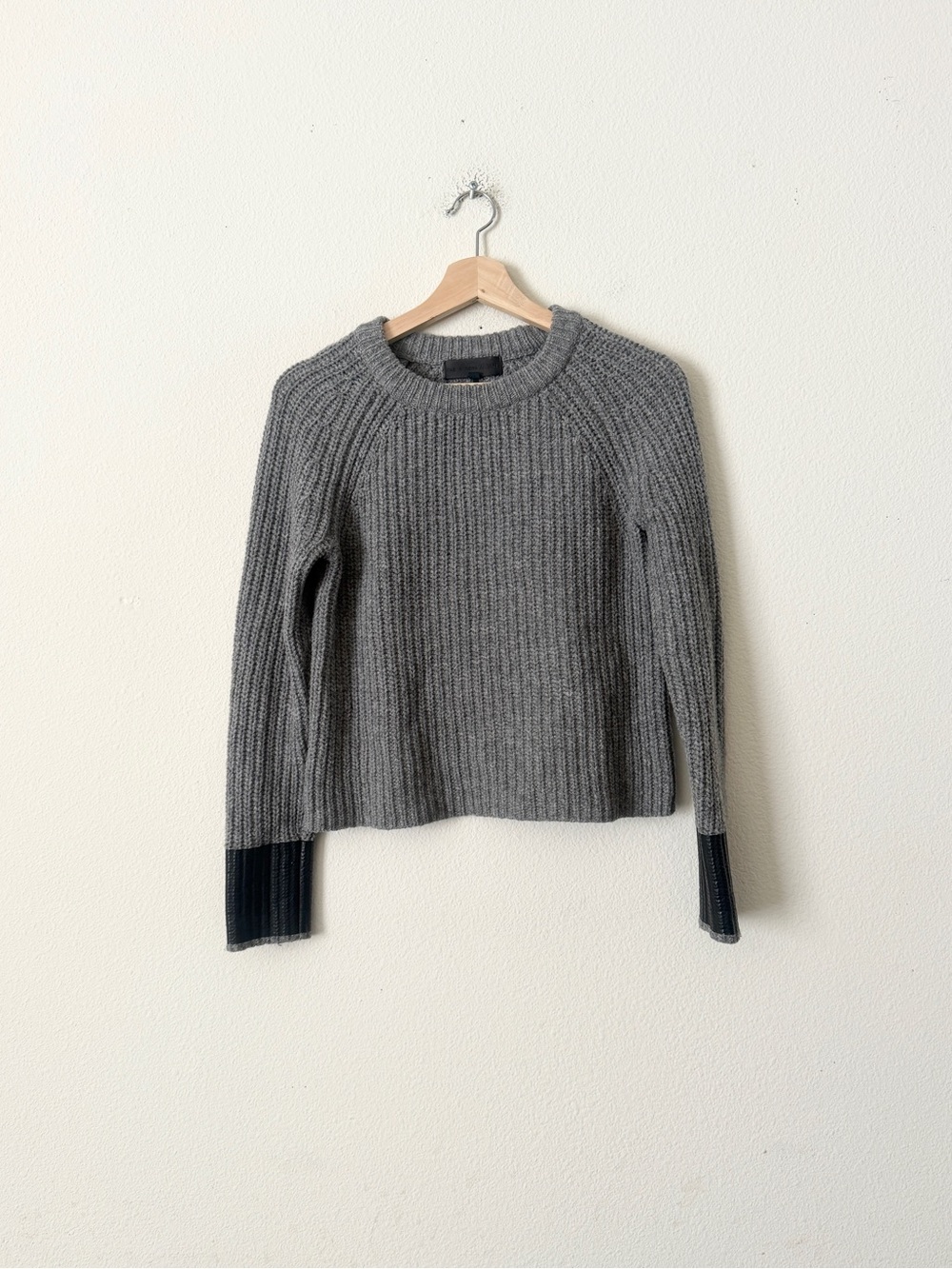 Rag & Bone XS merino wool vegan faux leather coated cuffs grey knit sweater